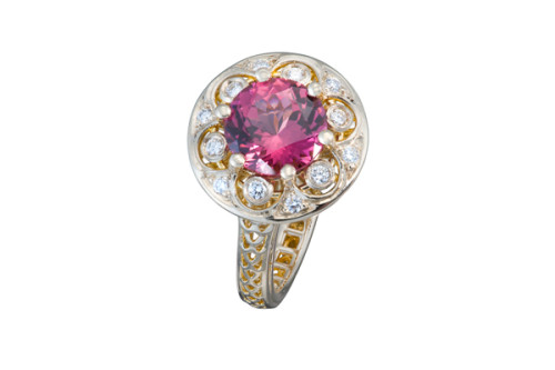 Prong Set Rhodolite Garnet Diamond Colored Stone Ring Christopher Duquet Fine Jewelry Evanston Chicago Illinois