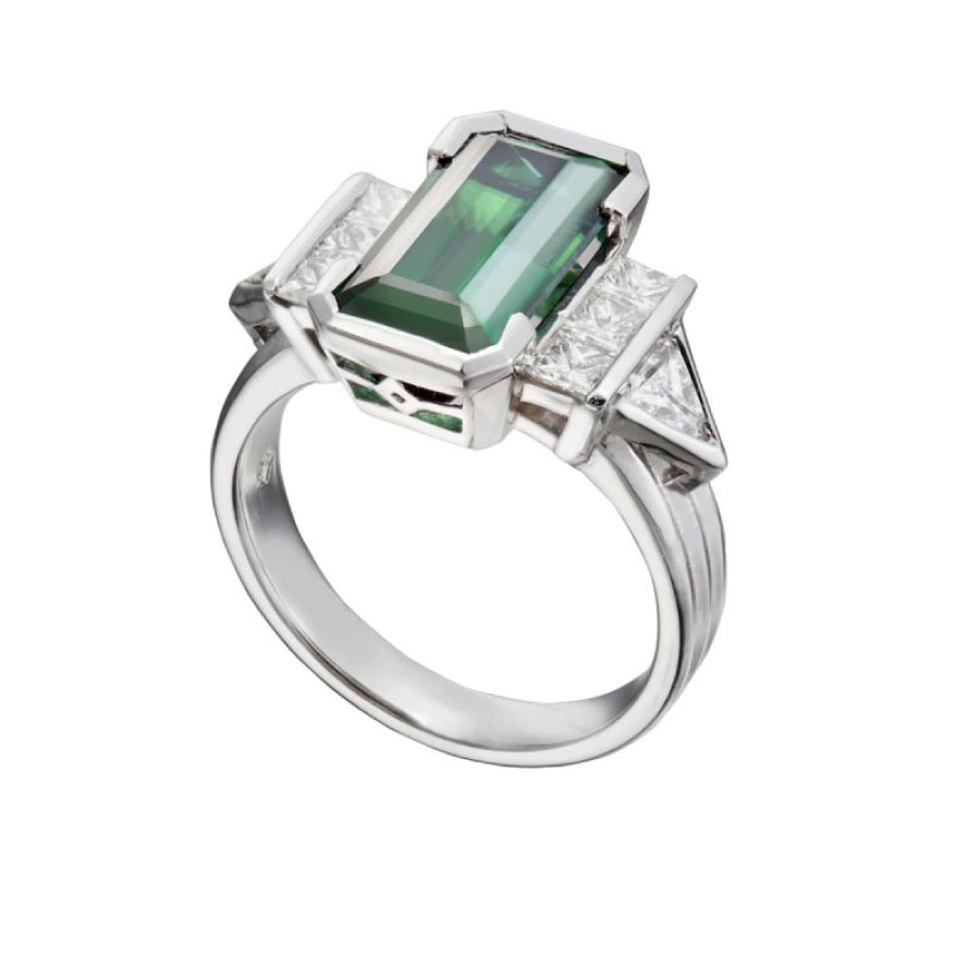 Art deco style Elongated Emerald Cut Tourmaline and diamond ring Christopher Duquet Evanston