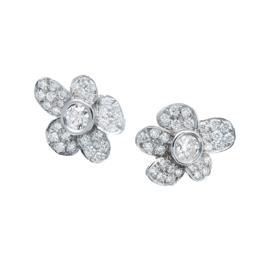 White Gold and Diamond Pavé Set Asymmetrical Flower Earrings Christopher Duquet Evanston