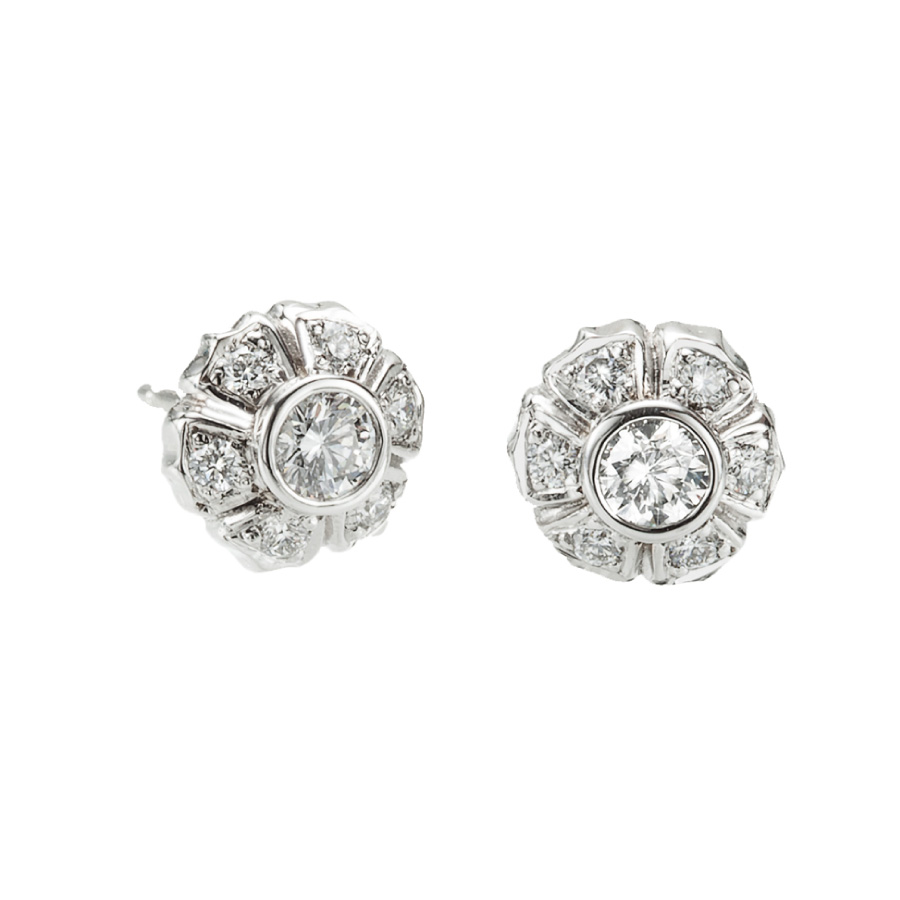 Diamond 6 Petal Flower Carved Stud Earrings