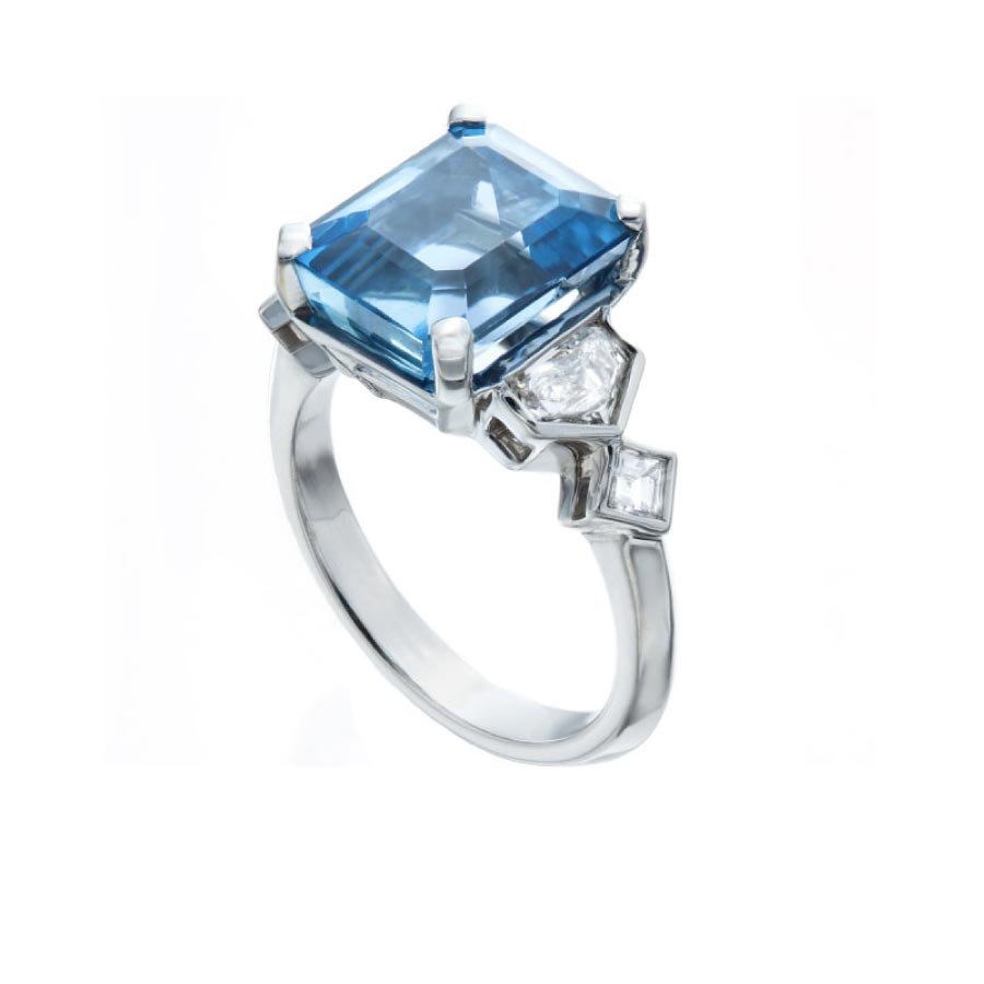 Fine Blue Emerald cut Aquamarine Ring with Diamond Accents Christopher Duquet Evanston