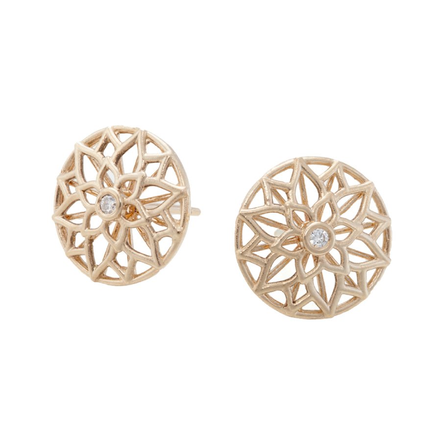 Yellow Gold and Diamond Open Wirework Button Earrings Christopher Duquet Evanston