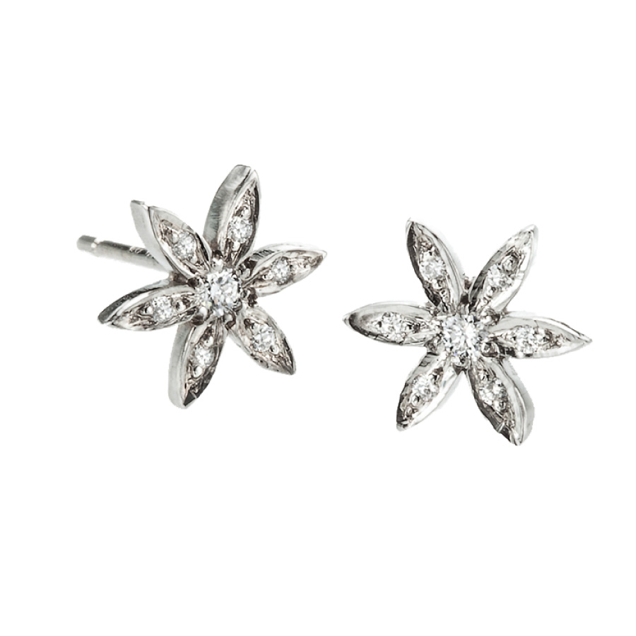 6 Petal Petite Fleur White Gold Diamond Stud Earrings Christopher Duquet Evanston