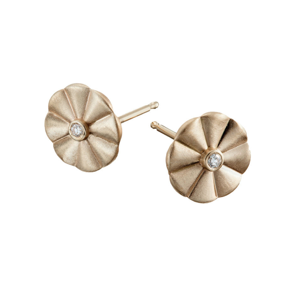 Petite Fleur Collection by Christopher Duquet | Tapered Flower Umbrella Diamond Stud Yellow Gold Earrings