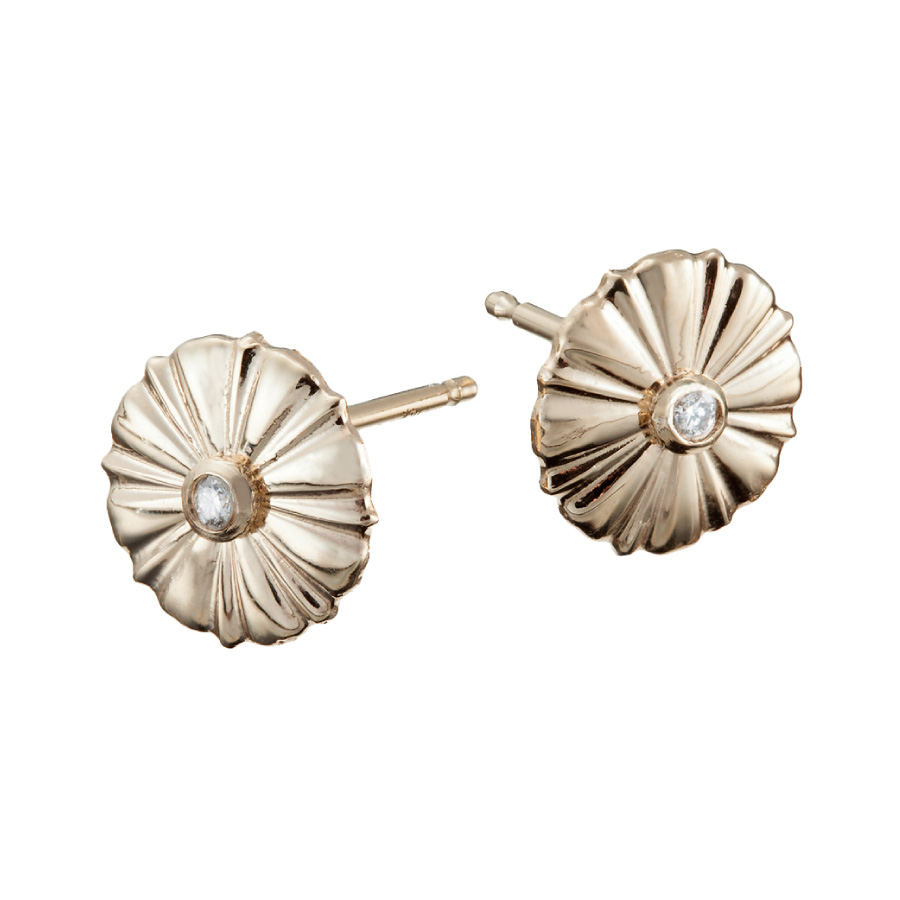 Petite Fleur Collection by Christopher Duquet | Undulating Flower Umbrella Diamond Stud Yellow Gold Earrings