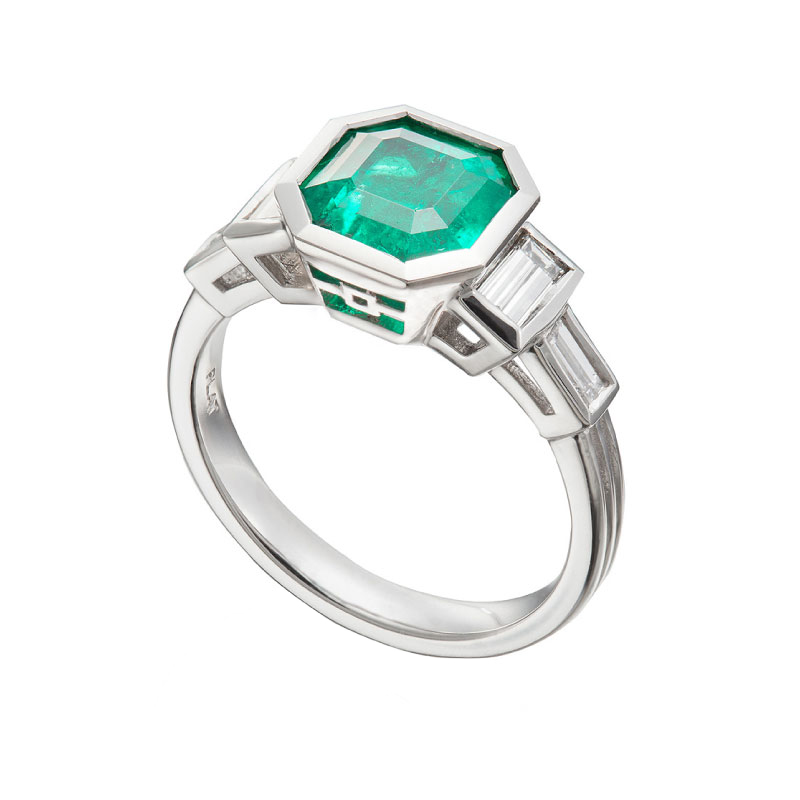 art deco redux collection christopher duquet-octagon-emerald-ring-with-square-side-detail-setting diamond accents copy