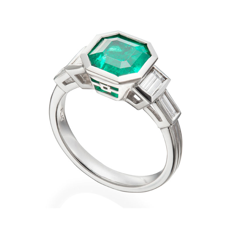 Art Deco Redux by Christopher Duquet | Octagon Cut Emerald Ring with Diamond Accents