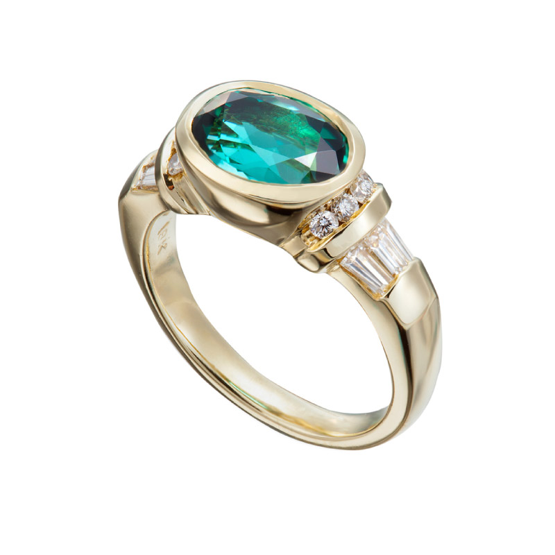 Art Deco Redux Collection |Round Emerald Setting with Diamonds, Gold ring