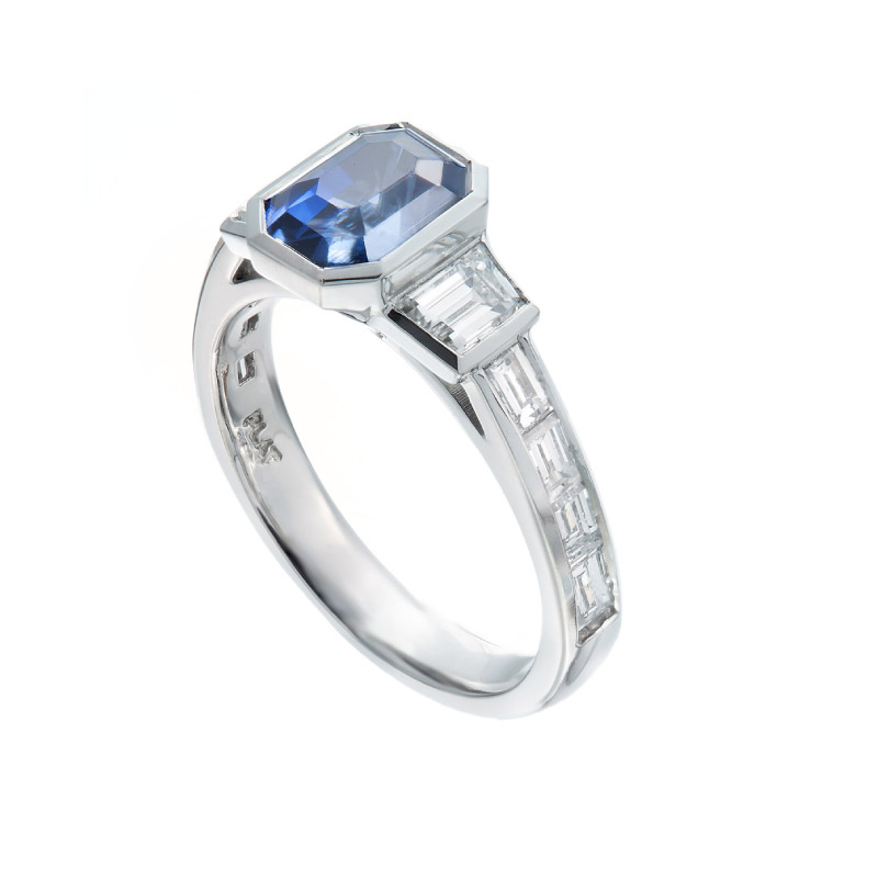Octagon Cut Sapphire Ring with Diamond Accents