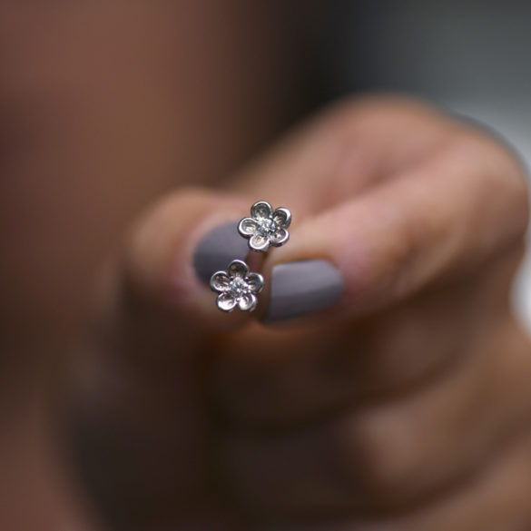 Cherry Blossom Petite Fleur Diamond Earrings hand held pair