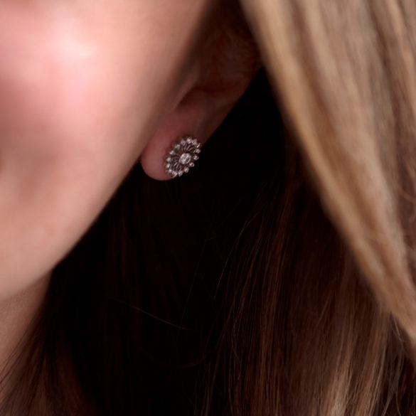 Dandelion Petite Fleur Diamond Earrings hand on ear alt view