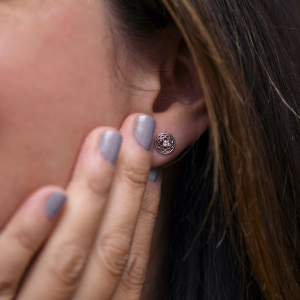 Emilie Petite Fleur Diamond Earrings on ear