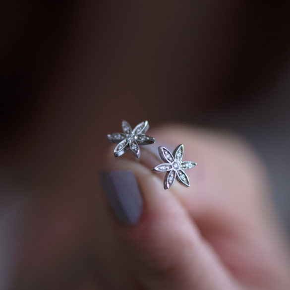 Prairie Blossom Petite Fleur Diamond Earrings hand held pair