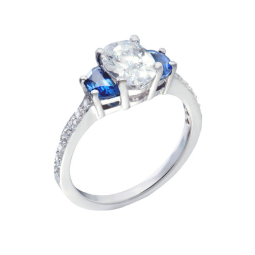Vintage Style Diamond and Blue Sapphire Engagement Ring with Oval Diamond Center, Half Moon Sapphire and Diamond Band