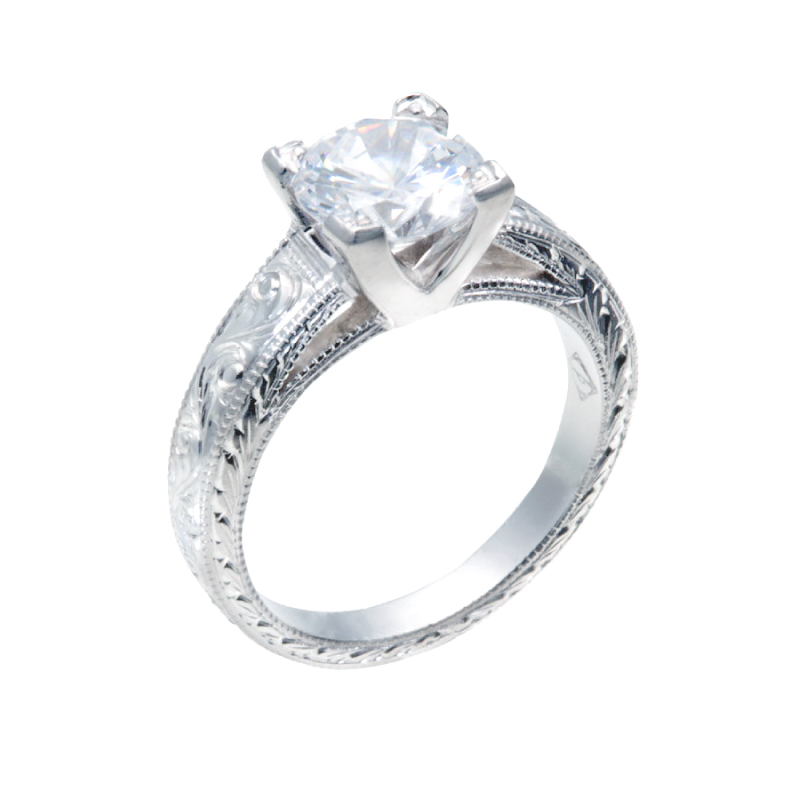 Round Brilliant Solitaire in a Wide Band with Engraving | Vintage Engagement Rings by Christopher Duquet