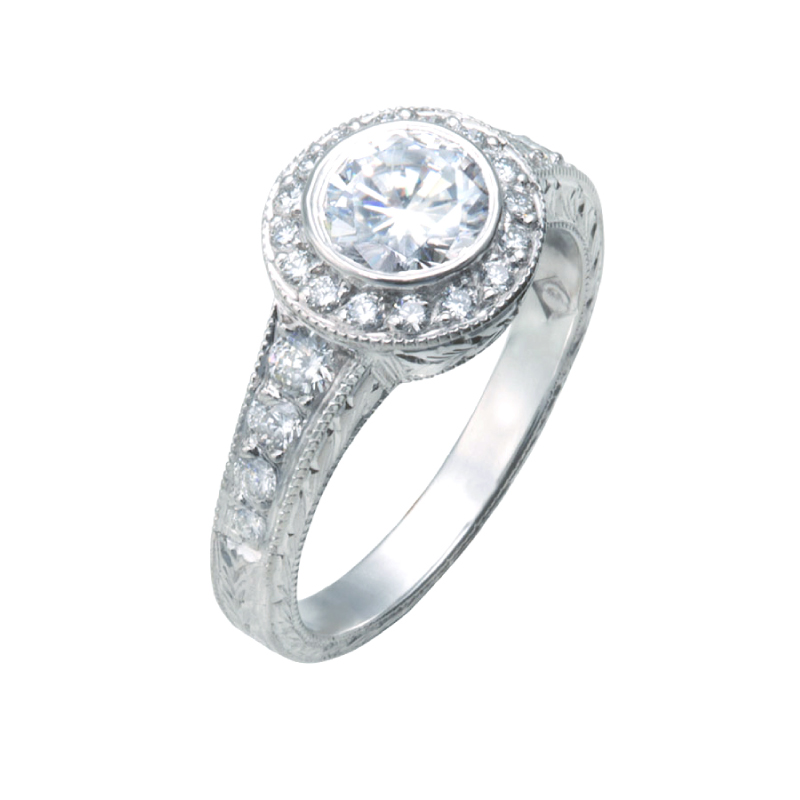 Round Diamond with Halo with Hand Engraving | Vintage Engagement Rings by Christopher Duquet