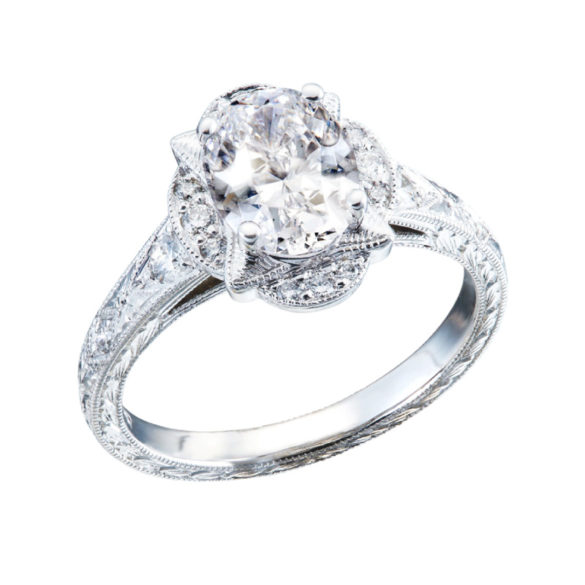 Vintage Style Engagement Ring with Oval Carved Diamond Halo