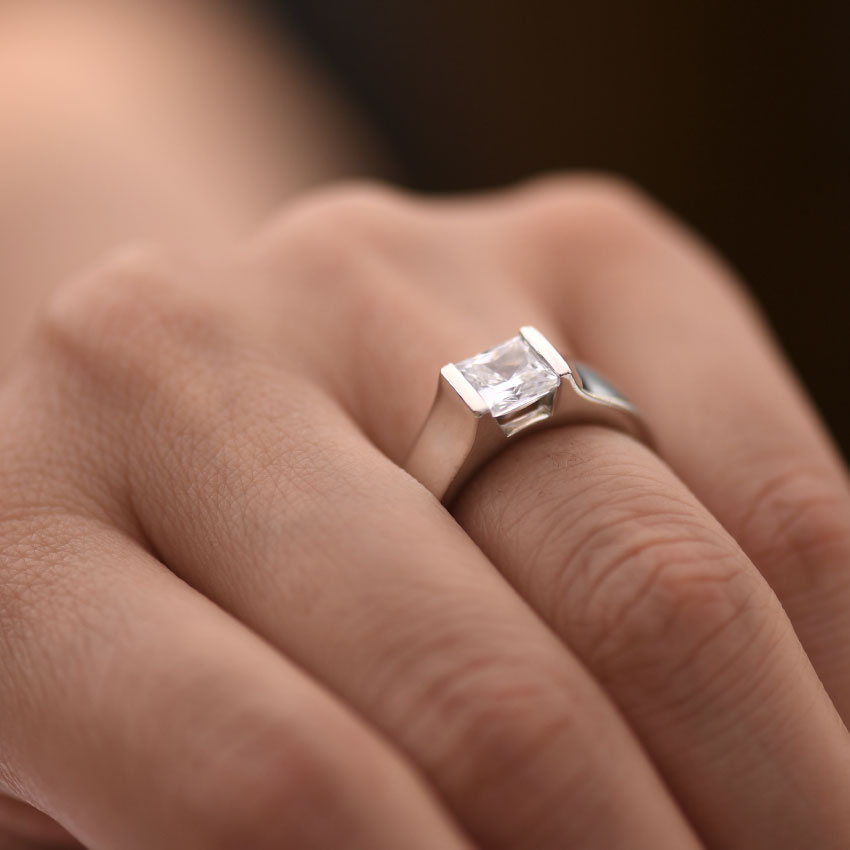 Princess Cut Diamond Engagement Ring in Wide Tapered Band Hand View