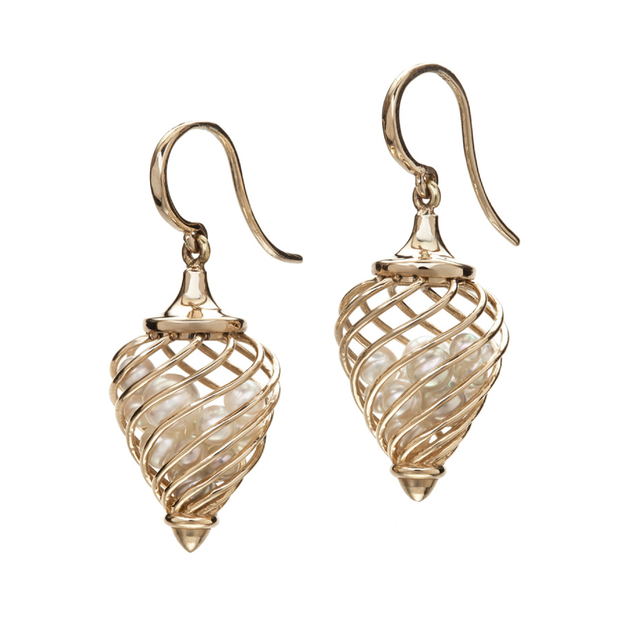 Akoya Pearl Gold Cage Earrings | Facing East Designer Jewelry by Christopher Duquet