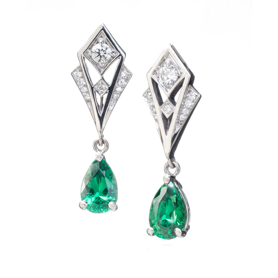 Tsavorite Garnet Diamond Drop Earrings Art Deco Redux Collection by Christopher Duquet