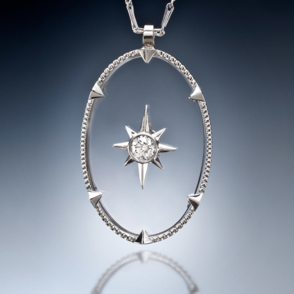 Diamond and Oval Clear Sapphire Pendant | Stained Glass Designer Jewelry Collection by Christopher Duquet