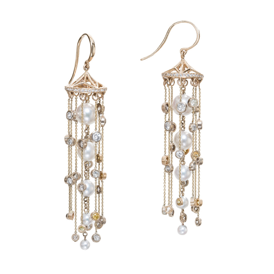 Diamond and Pearl Waterfall Drop Earrings | Facing East Designer Jewelry by Christopher Duquet