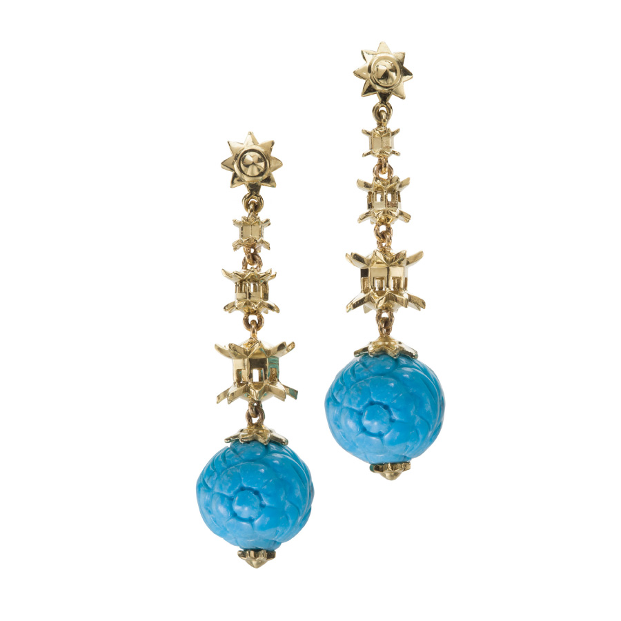Falling Pagoda Drop Earrings with Turquoise Beads | Facing East Designer Jewelry by Christopher Duquet