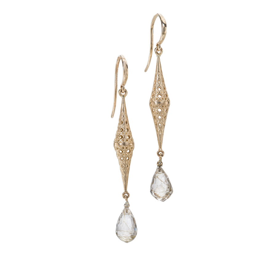 Gold Japanese Basket Quartz Earrings | Facing East Designer Jewelry by Christopher Duquet