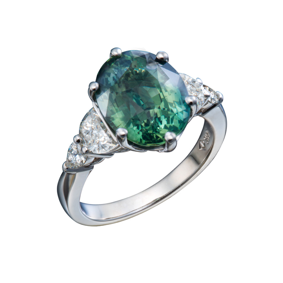 Green Sapphire and Diamond Ring Designer Gemstone Rings by Christopher Duquet