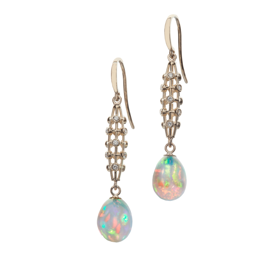 Open Wire Opal Cabochon and Diamond Drop Earrings | Facing East Designer Jewelry by Christopher Duquet