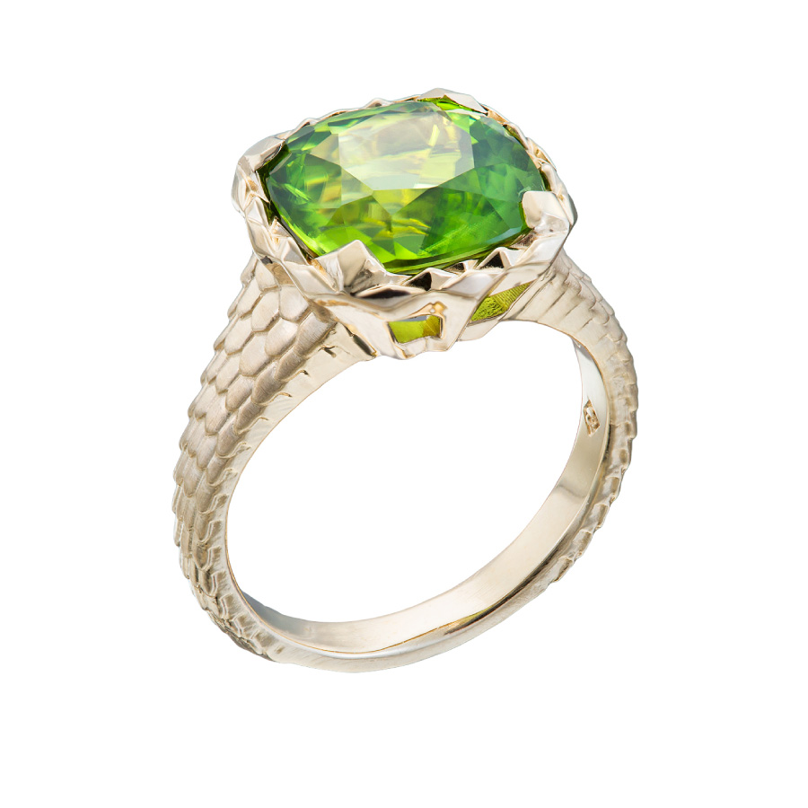 Peridot Dragon Skin Ring | Facing East Designer Jewelry by Christopher Duquet
