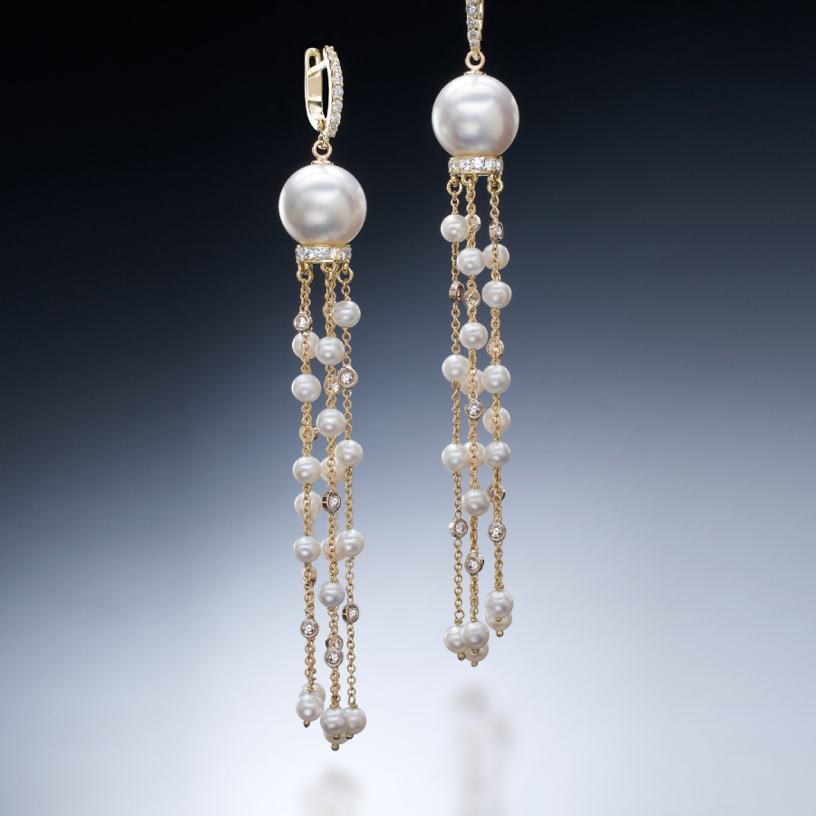 Pearl and Diamond Tassel Earrings | Facing East Designer Jewelry by Christopher Duquet