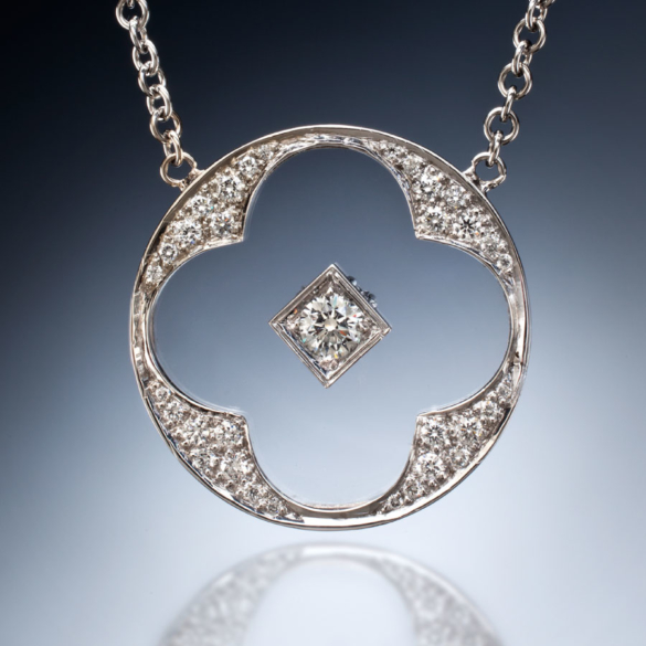Vintage Style Diamond and Clear Sapphire Pendant | Stained Glass Designer Jewelry Collection by Christopher Duquet
