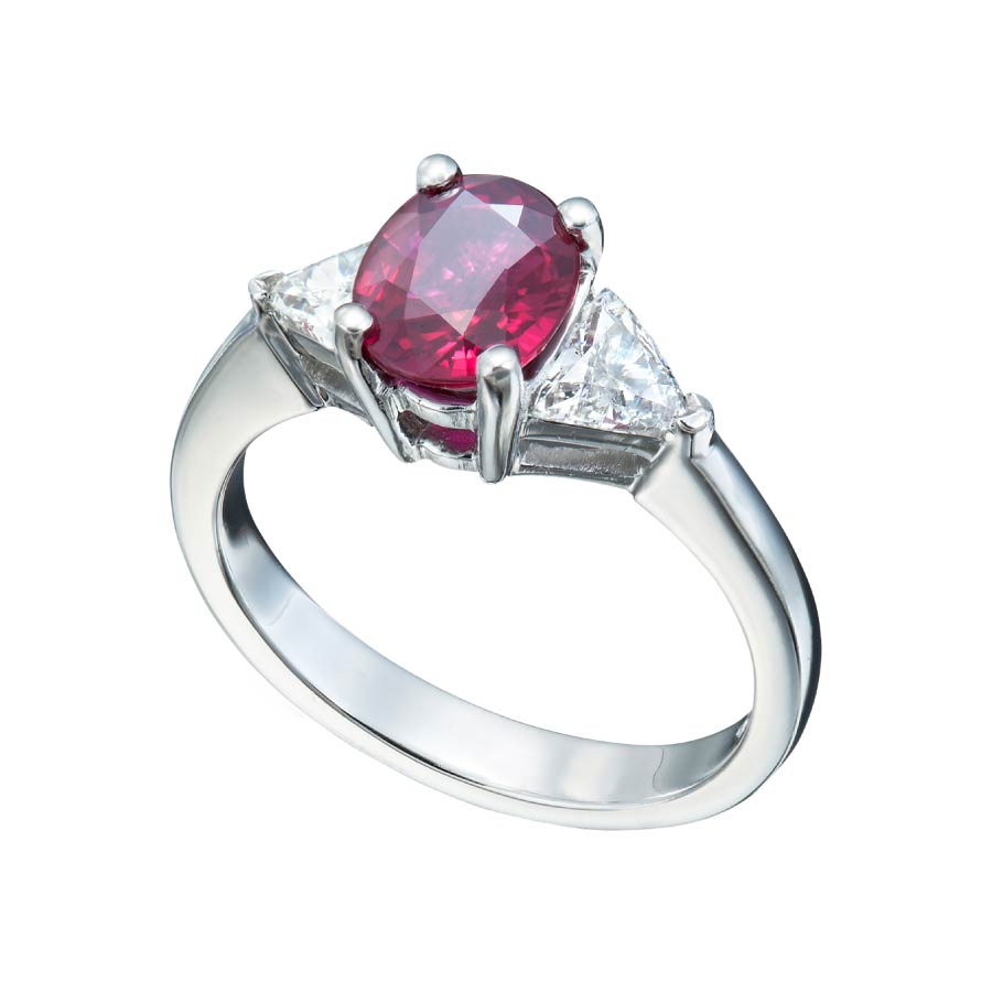 Ruby Oval and Diamond Trillion Ring Alternative Engagement Rings Collection by Christopher Duquet