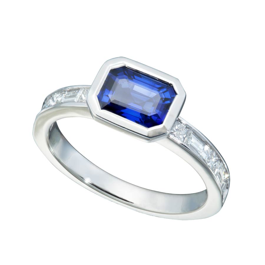 Sapphire Emerald Cut in Horizontal Bezel Setting Alternative Engagement Rings Collection by Christopher Duquet