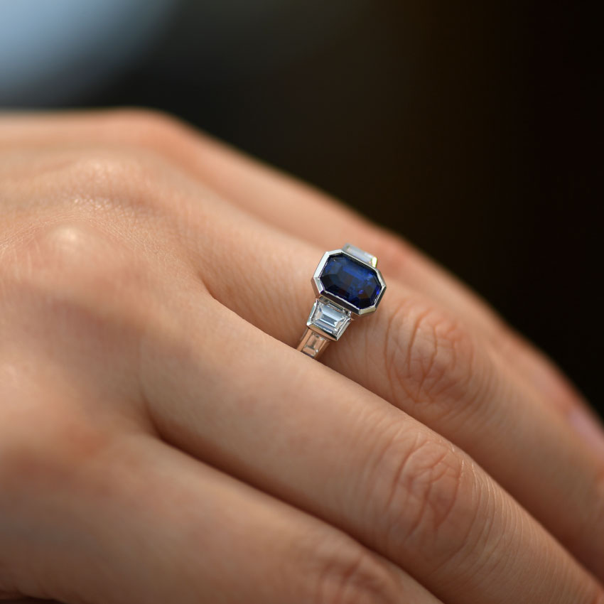 Sapphire Radiant Cut Ring with Diamond Accents hand view