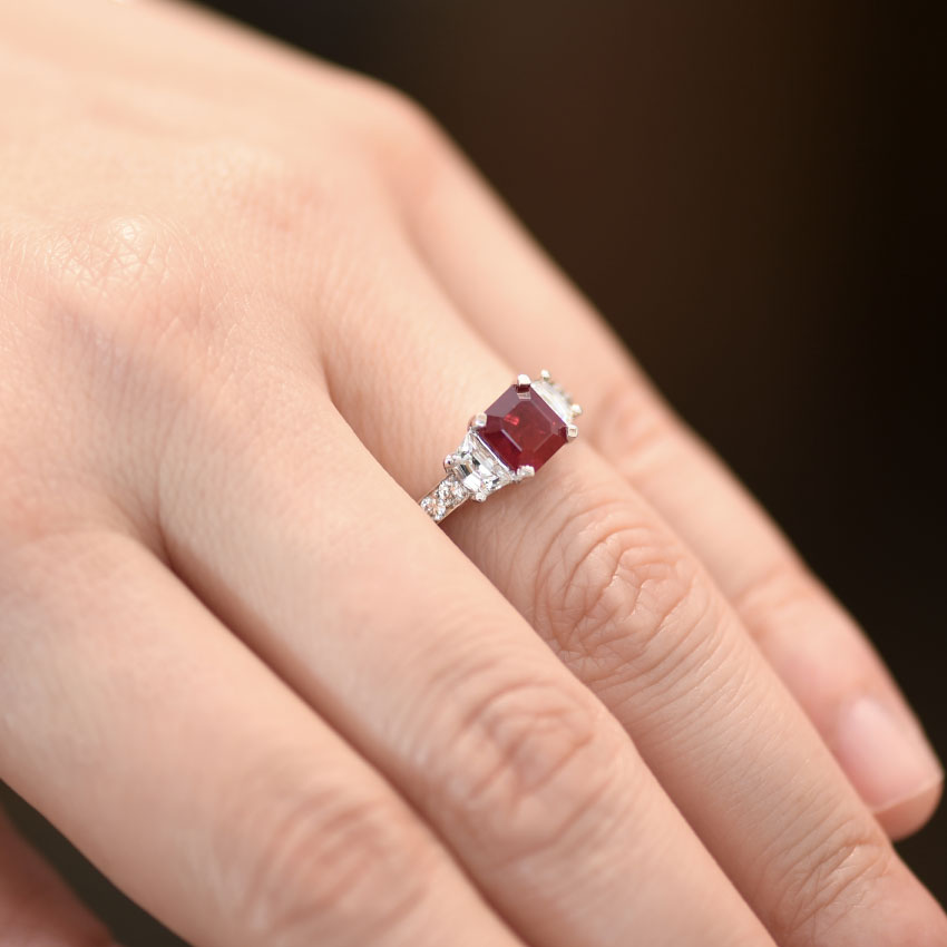 Square Ruby and Diamond Ring Alternative Engagement Ring Hand view