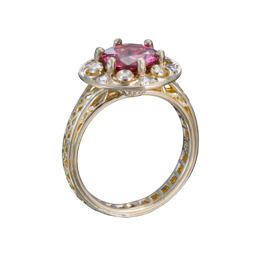 18K Yellow Gold Rhodolite and Diamond Ring Designer Gemstone Rings by Christopher Duquet