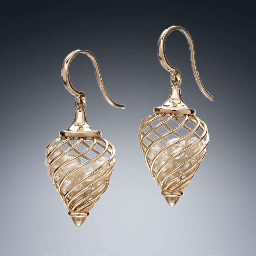 Akoya Pearl Gold Cage Drop Earrings Facing East Designer Jewelry Collection by Christopher Duquet TOP VIEW background