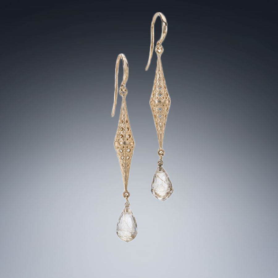 Gold Japanese Basket Quartz Earrings Facing East Designer Jewelry Collection by Christopher Duquet TOP VIEW background