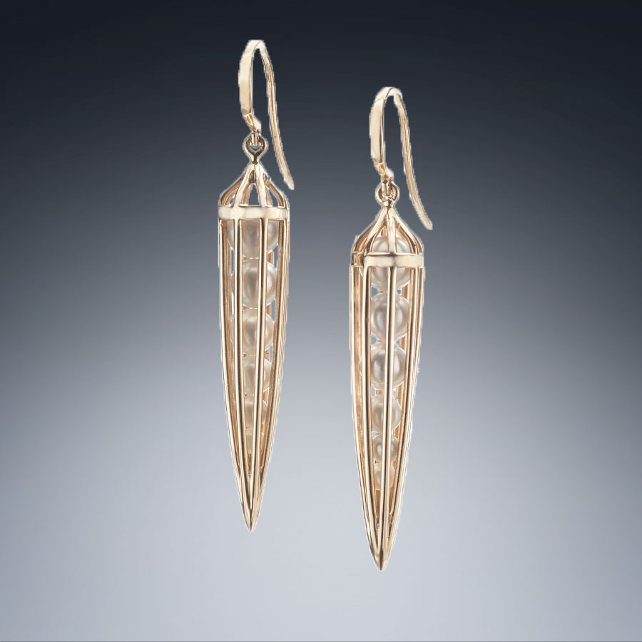 Gold PeaPod Drop Earrings Facing East Designer Jewelry Collection by Christopher Duquet TOP VIEW background