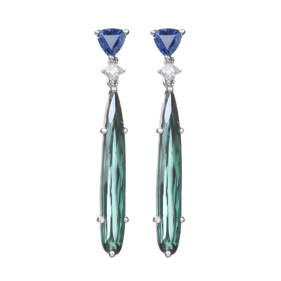 Sapphire Diamond and Green Tourmaline Earrings Christophr Duquet Evanston
