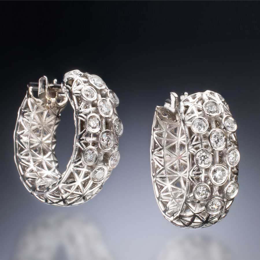 Wide Mesh Diamond Hoops Hoops Designer Earrings by Christopher Duquet