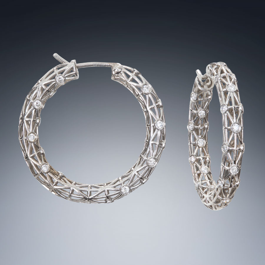 14K White Gold and Diamond Open Wirework Hoops Christopher Duquet-Fine Jewelry Evanston Chicago