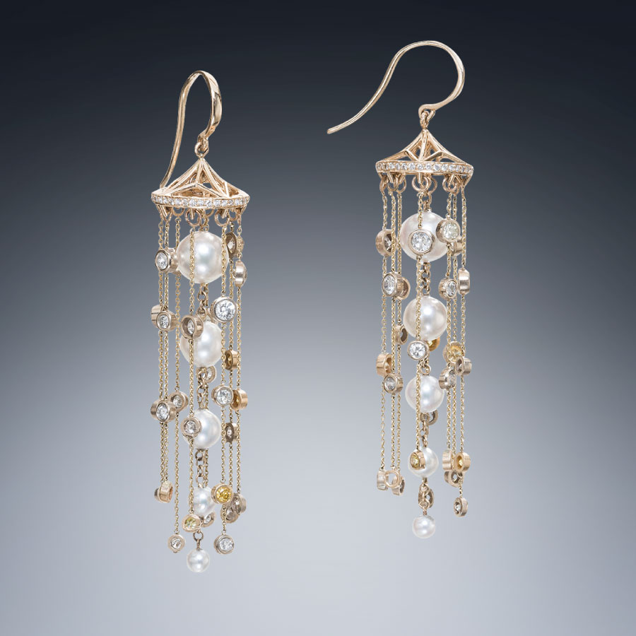 Diamond and Pearl Waterfall Drop Earrings Christopher Duquet Facing East Evanston