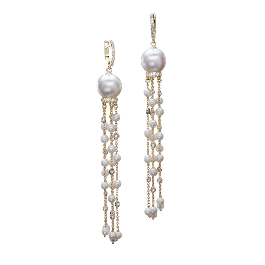 Pearl and Diamond Tassle Earrings Christopher Duquet Designer Jewelry Evanston