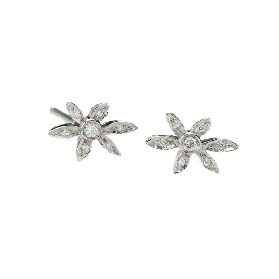 Asymmetric 6 Petal Diamond Stud Earrings Petite Fleur Christopher Duquet Fine Jewelry Evanston Chicago Illinois LDE