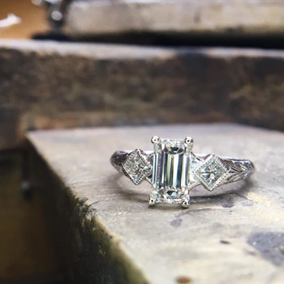 Emerald Cut Diamond Engagement Ring with Hand Engraved Details