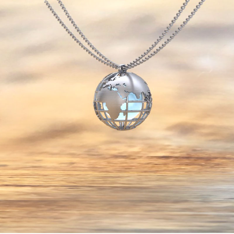 An Aquamarine Bead is suspended inside of a white gold globe pendant