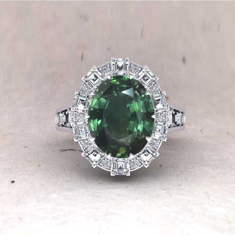 Custom Green Sapphire Ring with Diamond Halo